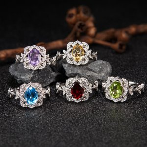 High-end Lace Floral S925 Sterling Silver Ring With Natural Gemstones